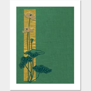 A vintage poetry book cover published in 1899, a minimalist design of pink water lilies on a green linen background, and a bar of hammered gold as an accent. Posters and Art